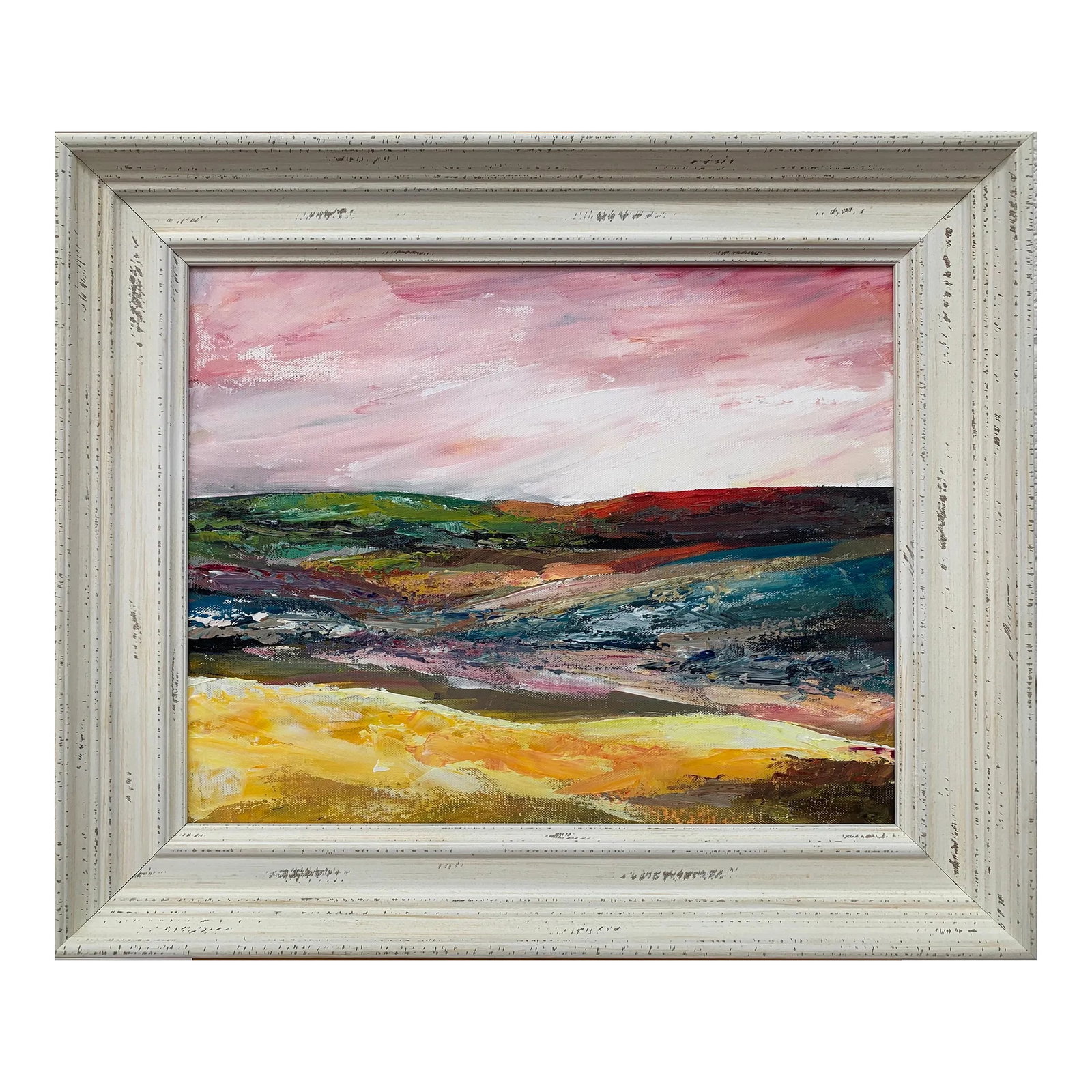 Colourful English Moor Landscape With Pink Sky by Contemporary British Artist, 2020: Colourful English Moor Landscape with Pink Sky by leading Contemporary British Artist, Angela Wakefield. This original is part of her Abstract Landscape Series Art measures 20 x 16 inches Frame