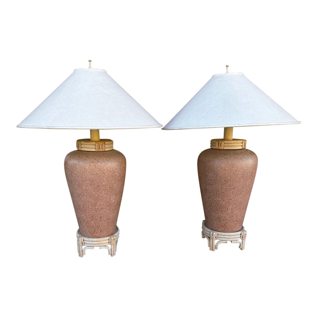 Vintage Southwest Terra Cotta/Reed Detail Table Lamps- a Pair: Vintage Pair of 2 80's Terra Cotta Speckeled Table Lamps with a Reeded detail on top and on bottom of lamp. Leather wrapped detail on reeded area. I believe they are a terra cotta or plaster