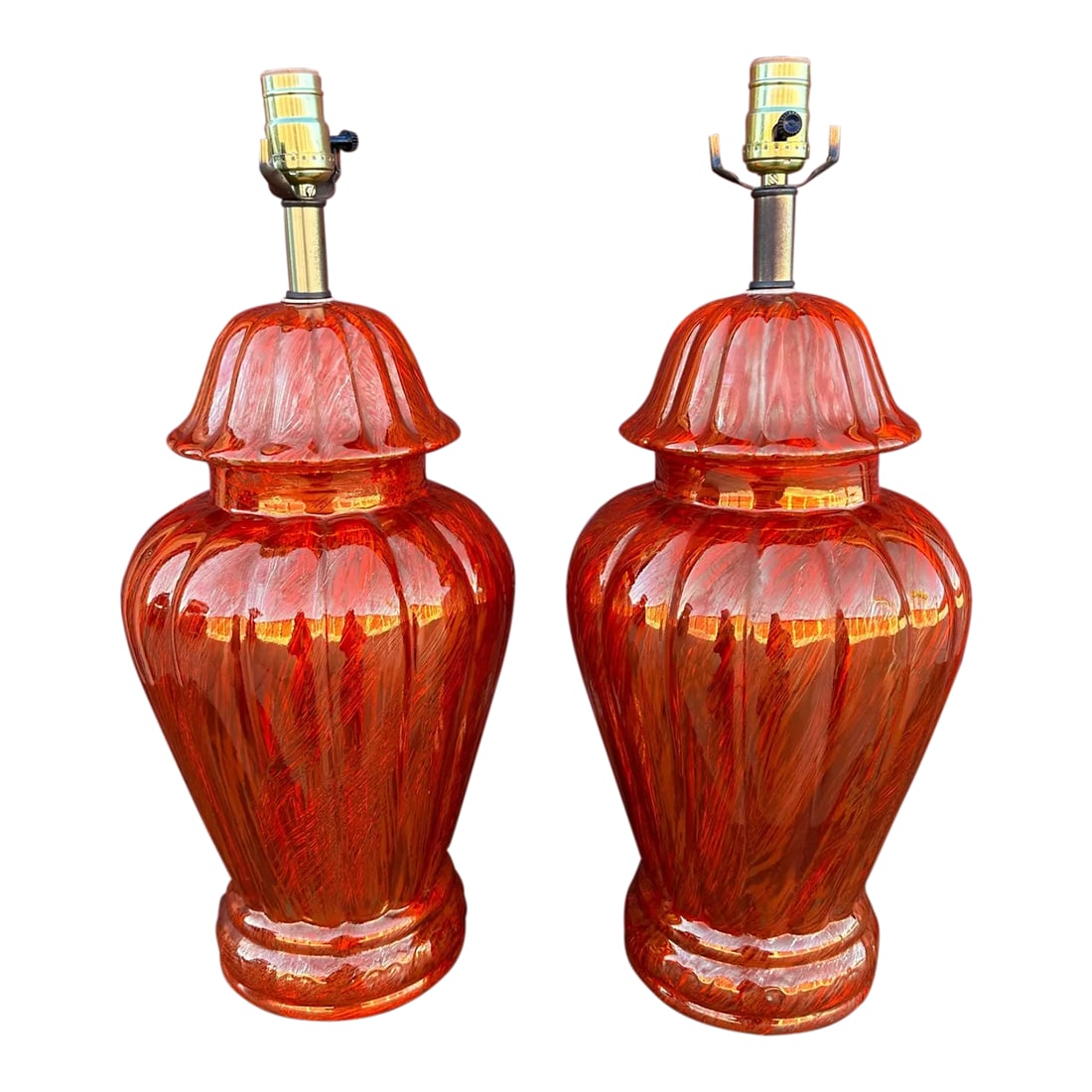 Vintage Orange/Gold Ginger Jar Table Lamps-A Pair: Vintage Orange/Gold Ginger Jar Table Lamps. When the light hits the Irredesant gold/copper on the lamps they pop! so pretty and would be a stand out in any home. I can picture them in a all white