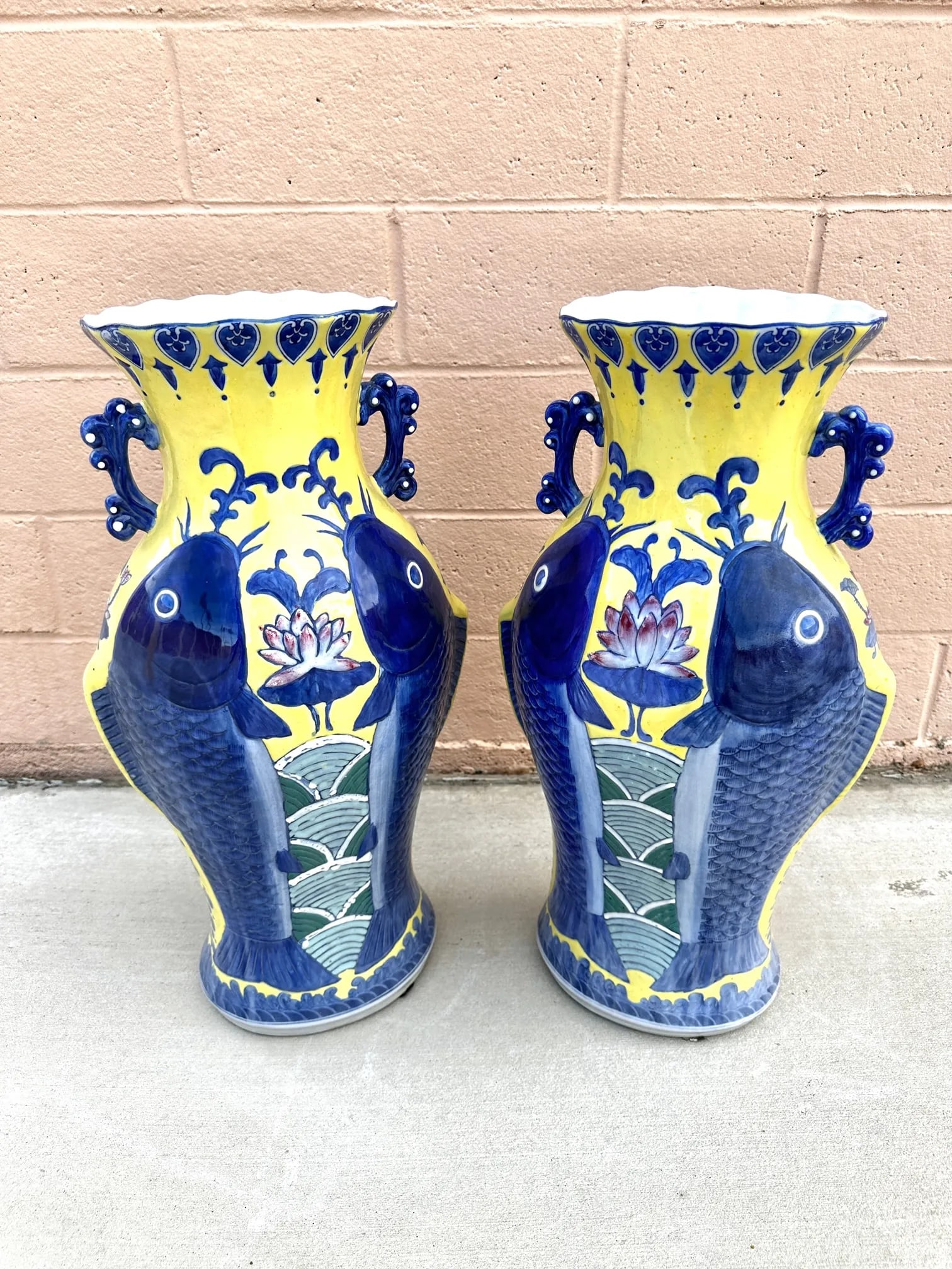 Blue & Yellow Koi Fish Jiaqing Vase-A Pair - 12