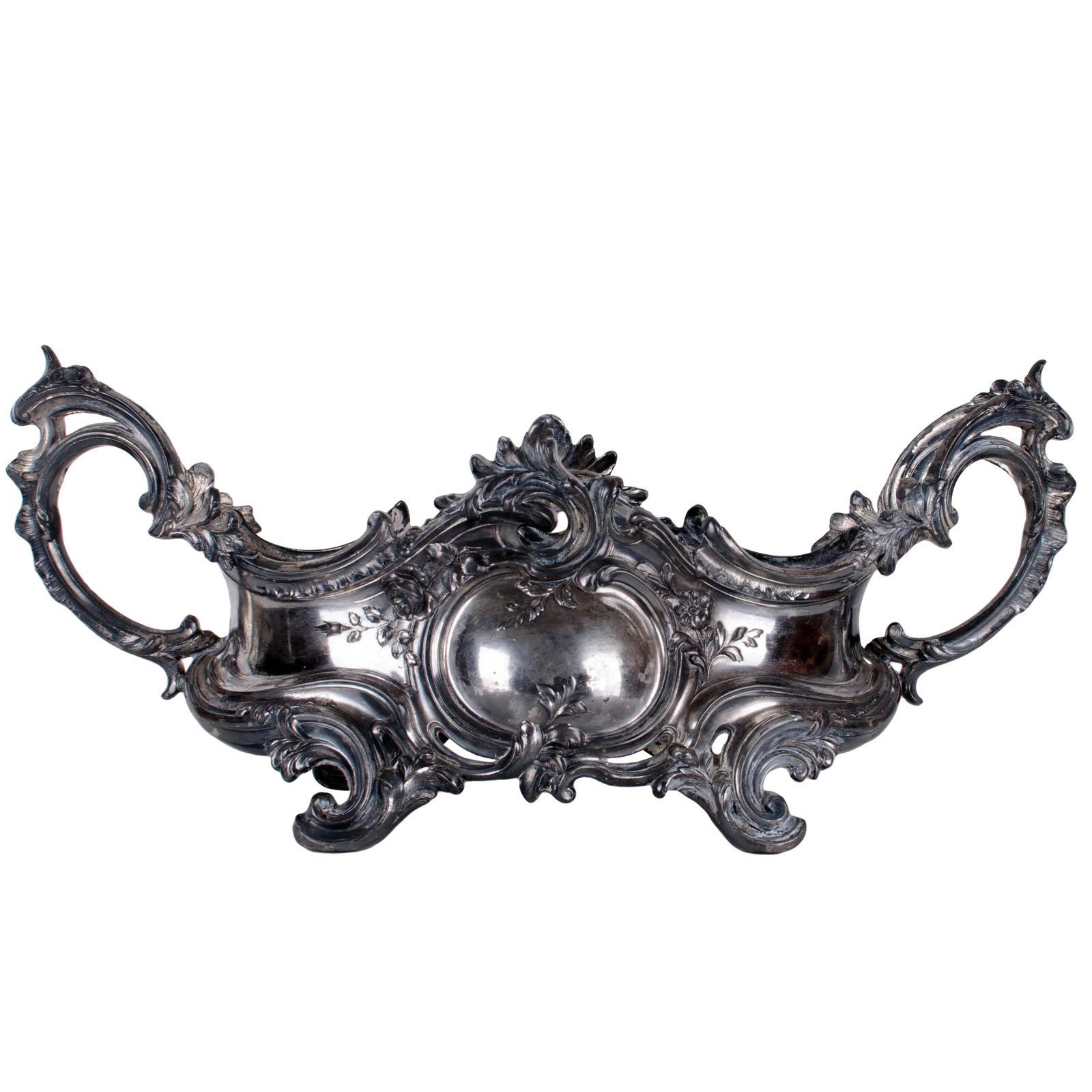 Antique French Louis XV Style Silver-plate Jardiniere: Antique French Silver-Plate Jardiniere Made In The Louis XV Style. Bronze Insert. Marked "Depose 704". 15 Inches Wide By 6Â½ Inches Deep By 6Â½ Inches Tall. Very Good Condition