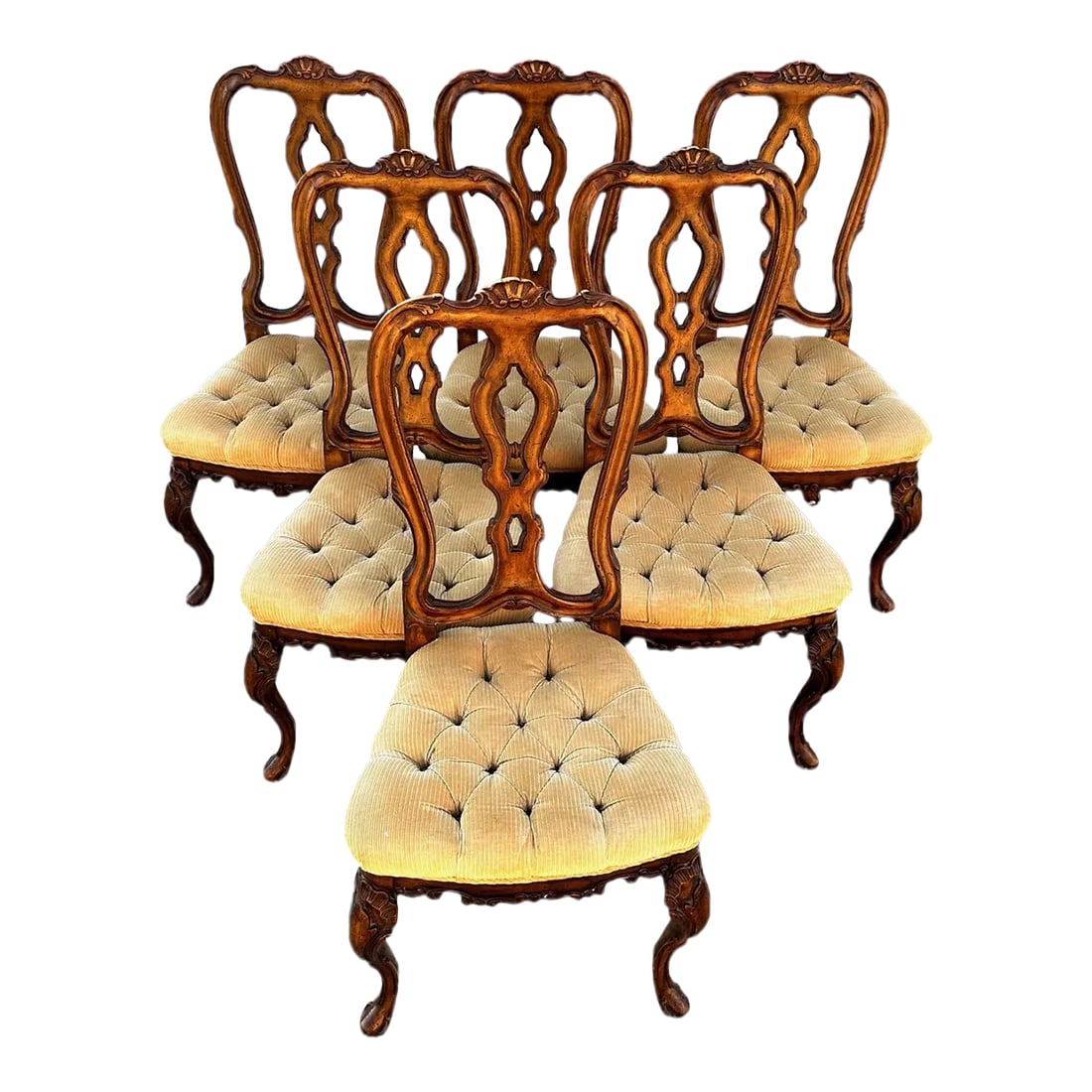 Antique Set of 6 George II Style Dining Chairs: Beautiful set of 6 George II Style Dining chairs. Carved detail throughout. Has yellow upholstered seats that have held up great. These would be great just asis or update them with new upholstered