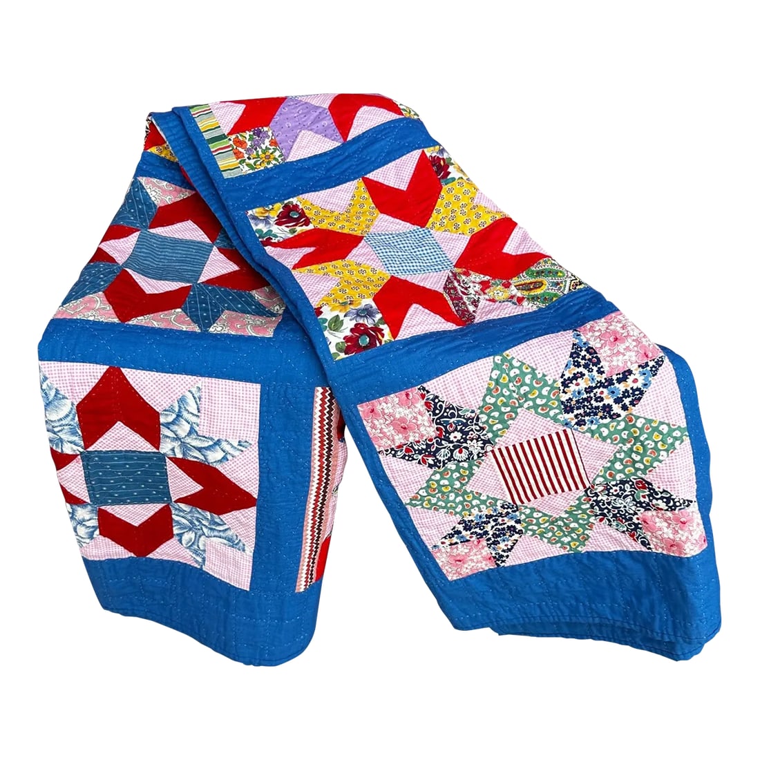 Vintage Handmade Blue Multi-Color Star Pattern Quilt: Beautiful Handmade Quilt with a Star Pattern in Multi-color Patchwork. Backside is solid blue. 90in w x 72in length Make sure to follow me, I have flash sales for my followers only. Condition: