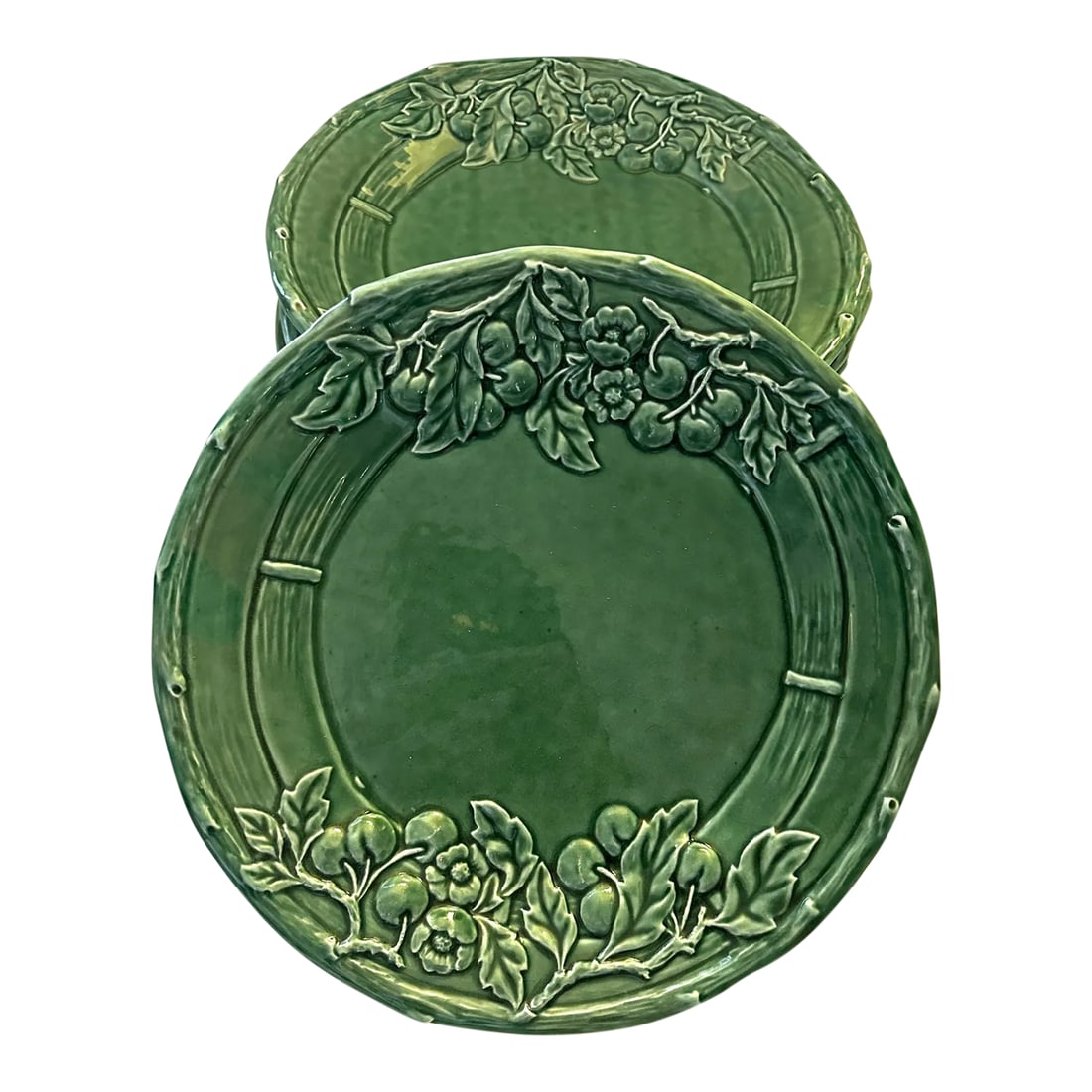 Vintage Verti Green Dinner Plates-A Set: Vintage Porta Green Raised Cherries Motif Dinner Plate/Platter. Mix and match your Leaf pattern to create a garden theme setting. I have lots more leaf patterns and green glassware coming so make sure