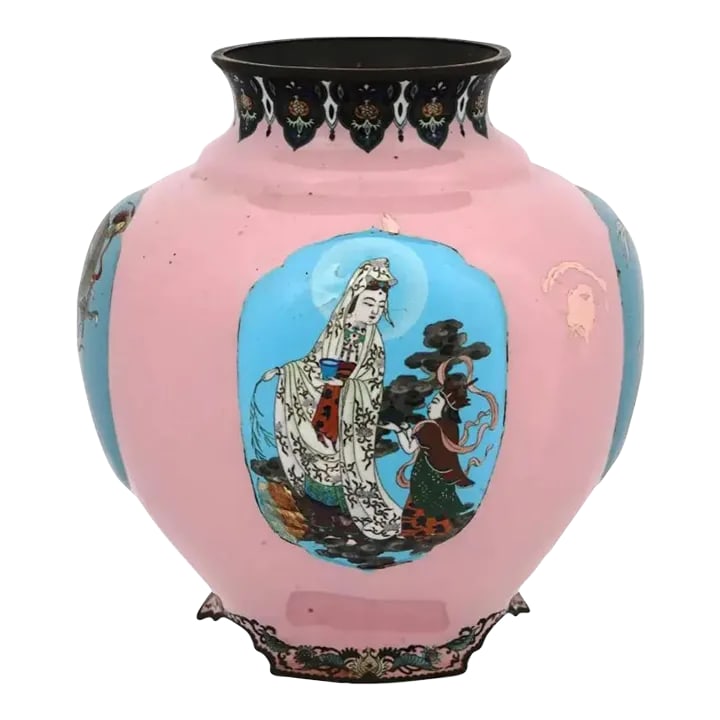 Extra Large Japanese Cloisonne Enamel Pink Vase Gonda: An extra large antique, late Meiji era, Japanese copper and enamel vase by Gonda Hirosuke, Japanese, 1865 to 1937. A sphere shaped body is covered with enamel in a pink shade and adorned with four