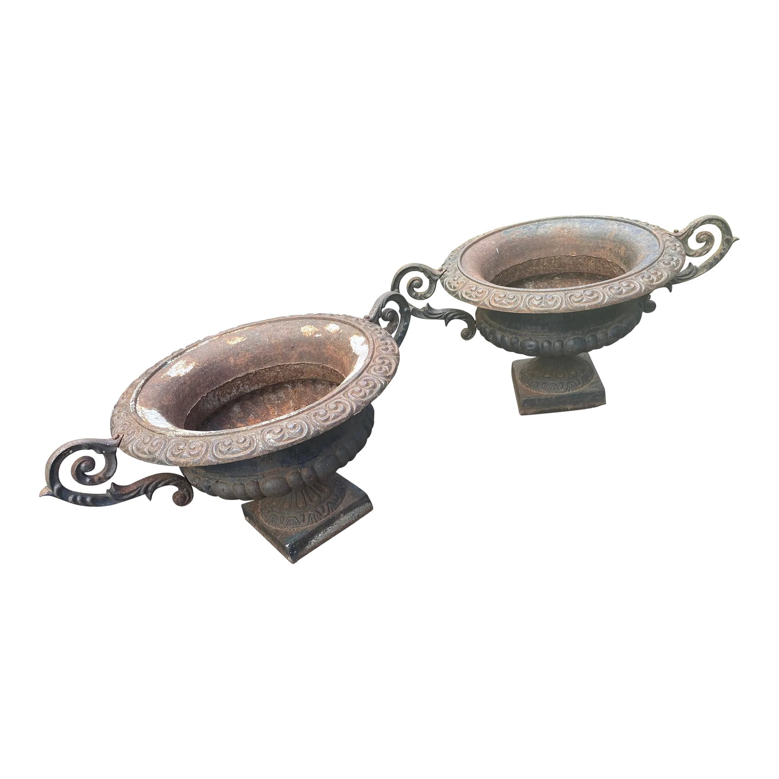Neoclassical Newly Painted Black Garden Planters Urns With Fancy Handles -A Pair: Beautiful pair of vintage cast iron planters having elaborate handles and neoclassical form and decoration. 35 w handle to handle 24 w outer edge of bowl internal width is 14 Condition: Alterations: