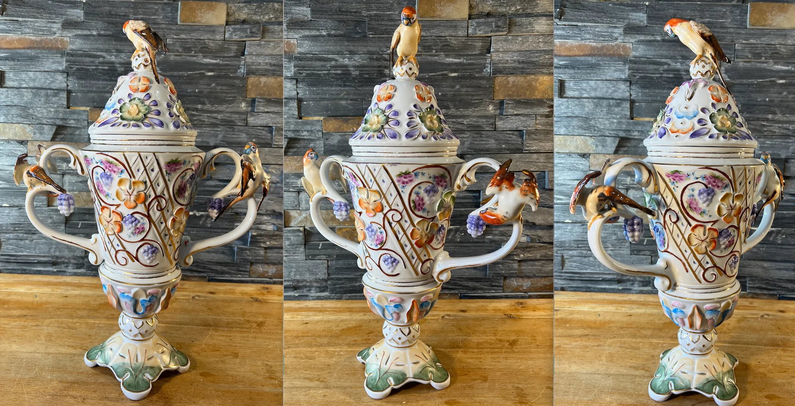 Vintage Porfin Cluj-Napoca, Romania Majolica Urn With Three Figural Parakeets - 10