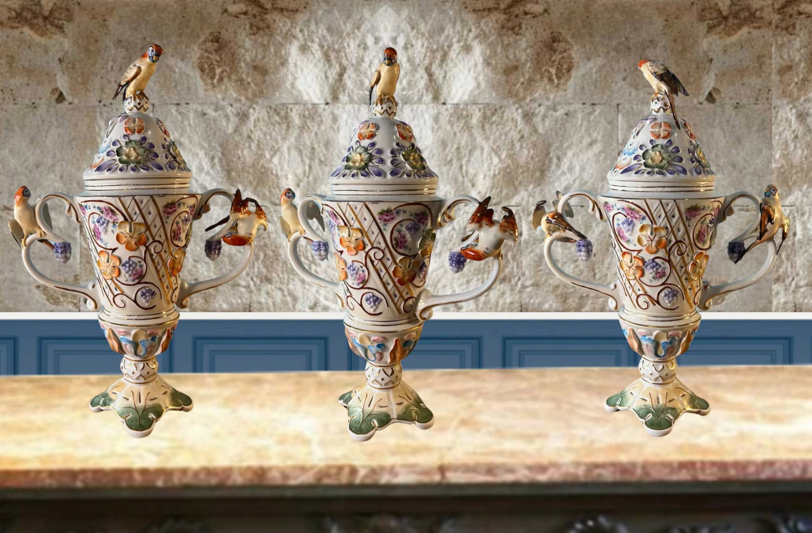 Vintage Porfin Cluj-Napoca, Romania Majolica Urn With Three Figural Parakeets - 13