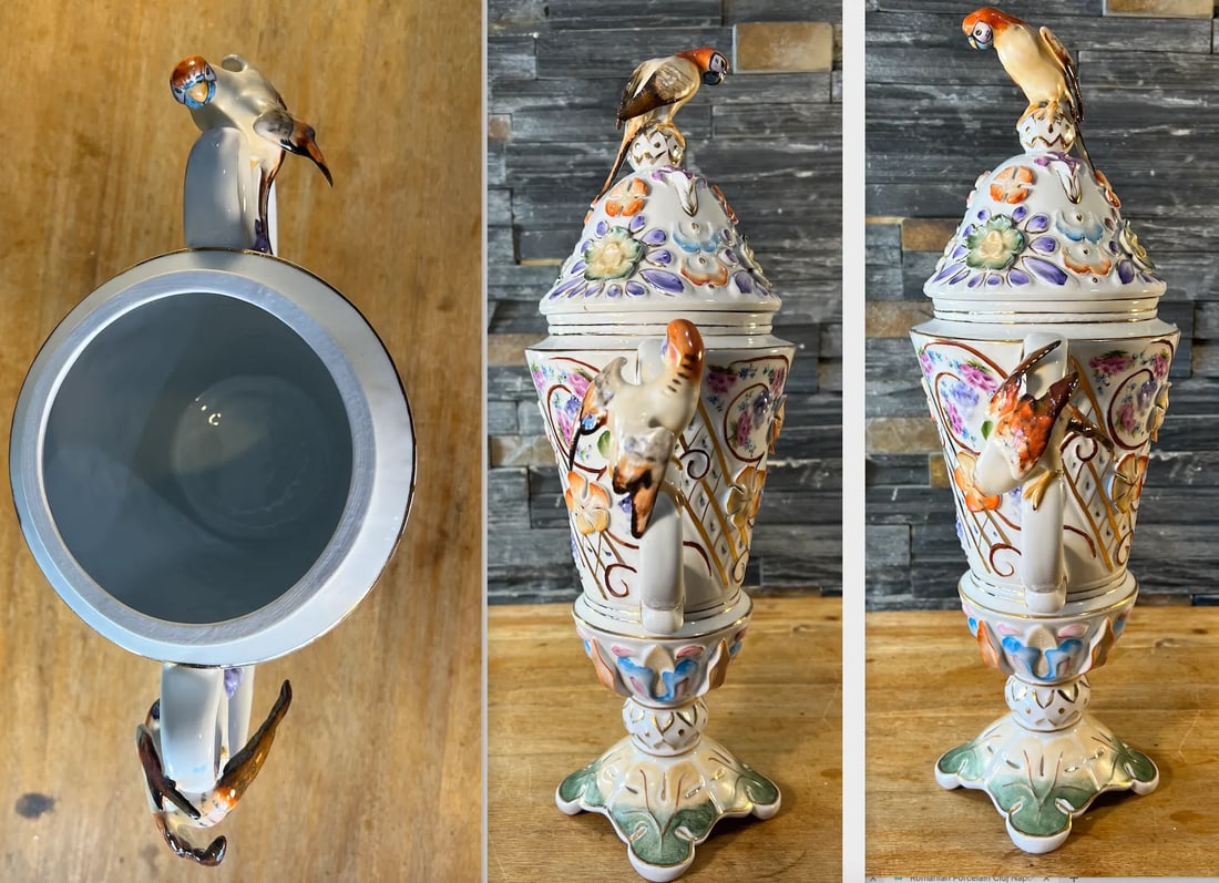 Vintage Porfin Cluj-Napoca, Romania Majolica Urn With Three Figural Parakeets - 15