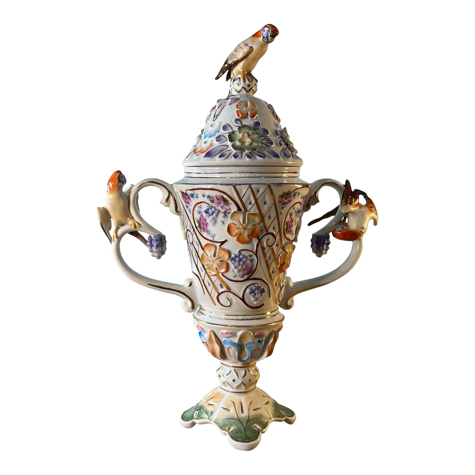Vintage Porfin Cluj-Napoca, Romania Majolica Urn With Three Figural Parakeets: This magnificent 19-inch tall double-handled lidded porcelain majolica urn, is a true masterpiece of craftsmanship created by the renowned Porfin company in Cluj-Napoca, Romania. Crafted on a
