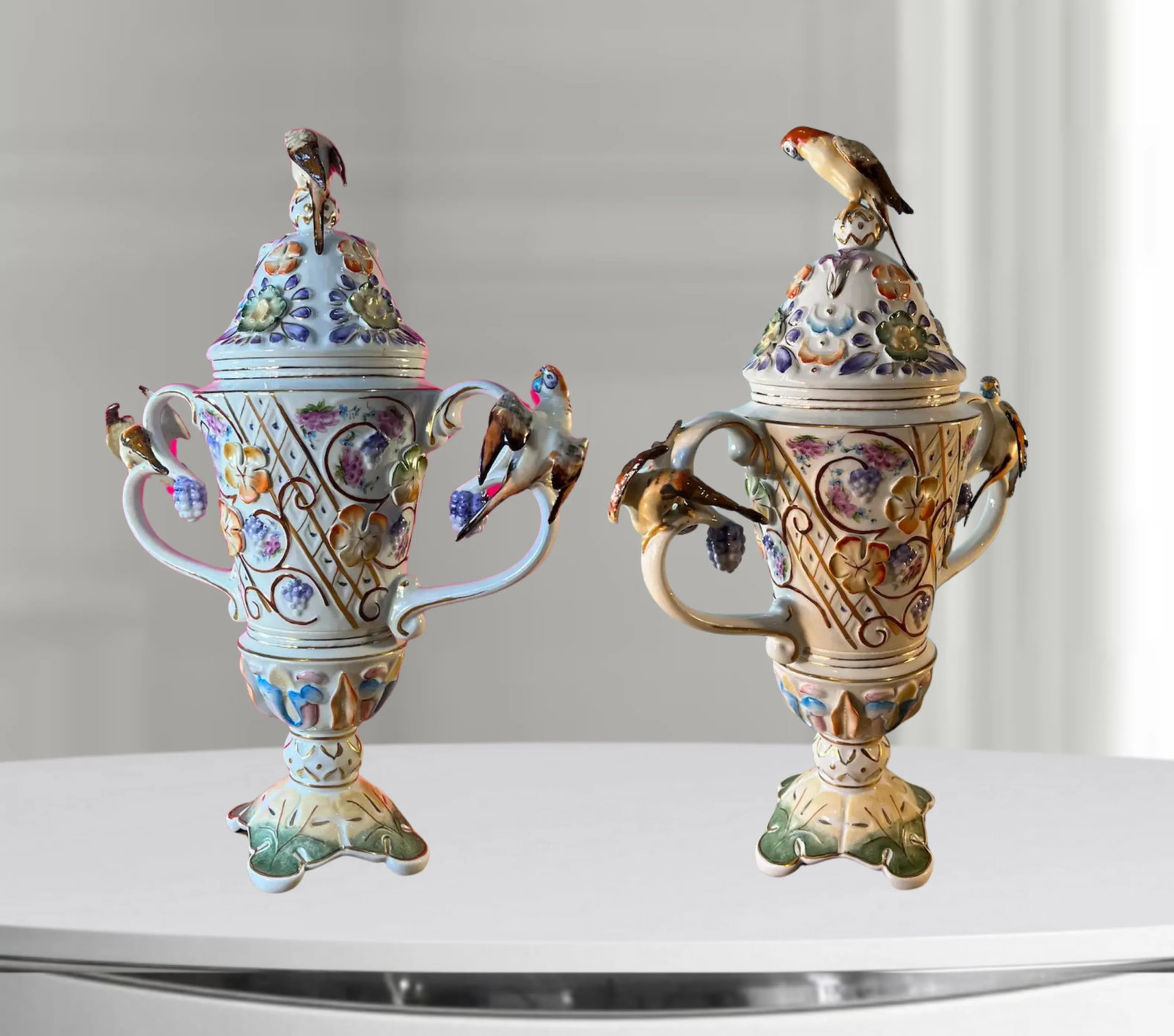 Vintage Porfin Cluj-Napoca, Romania Majolica Urn With Three Figural Parakeets - 6