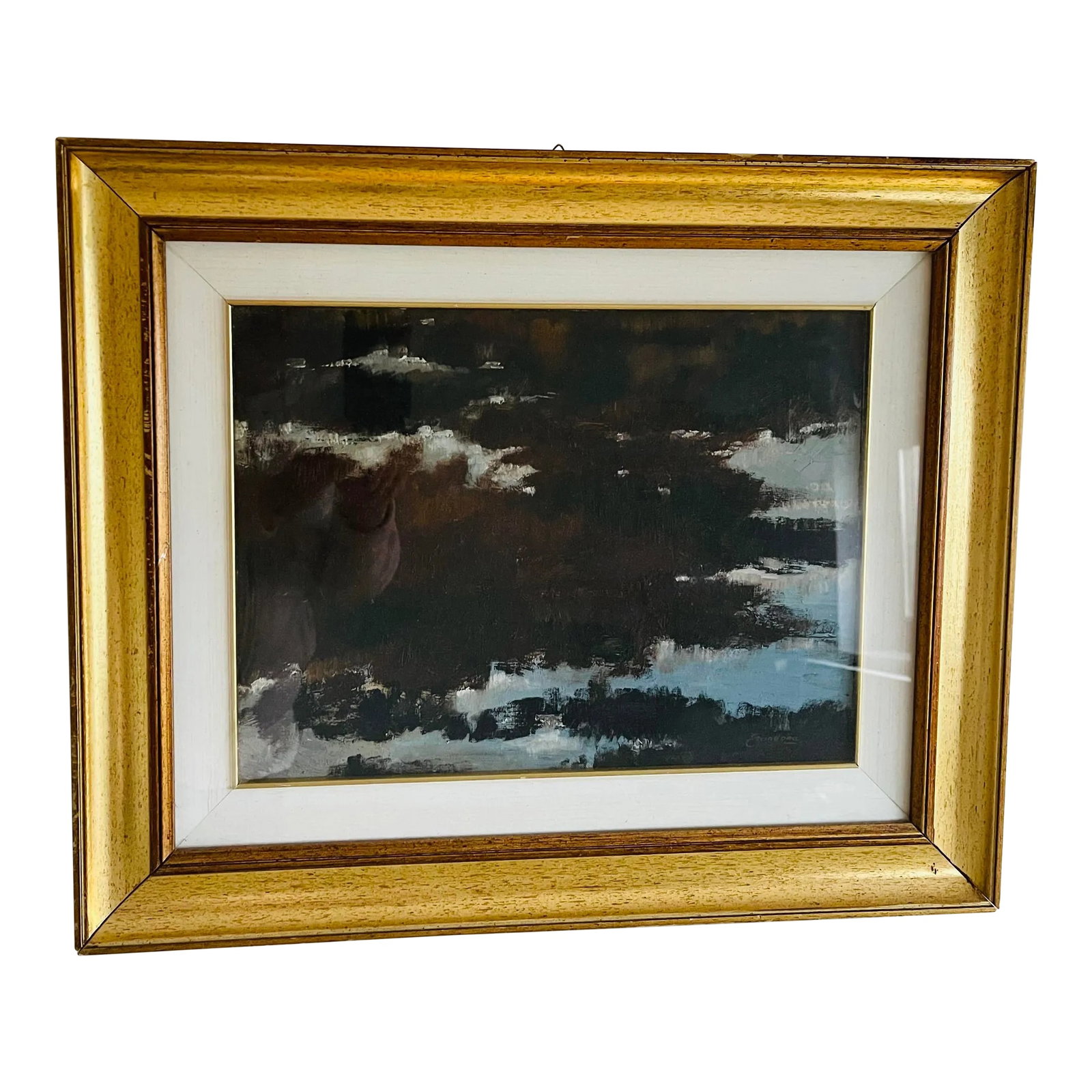Original Mid 20 Th C Italian Abstract Painting: Italian Abstract oil on canvas painting., signed lower right, framed in gold frame under glass. Verso bears a stamp from Milano. Mid century modern. Condition: Alterations: Original Condition