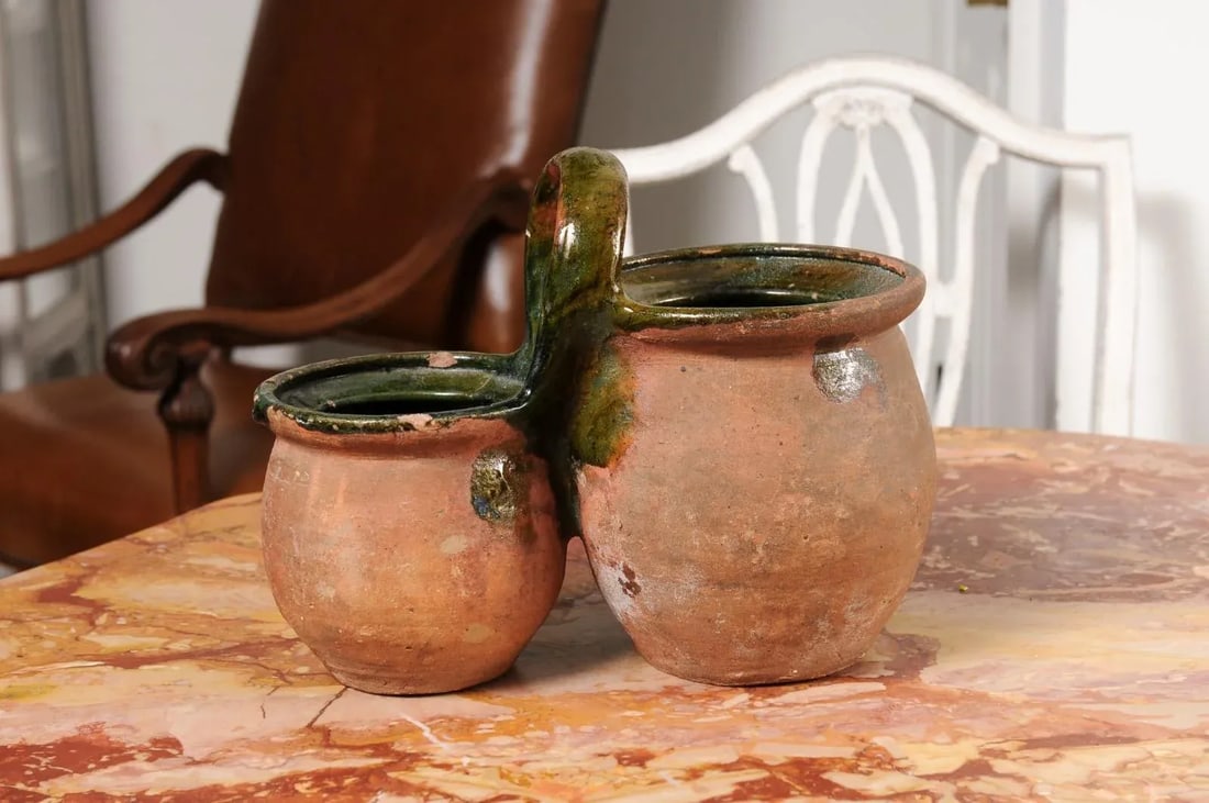 19th Century Green Glazed Shepherd's Lunch Holder Pottery with Bowls and Handle - 10