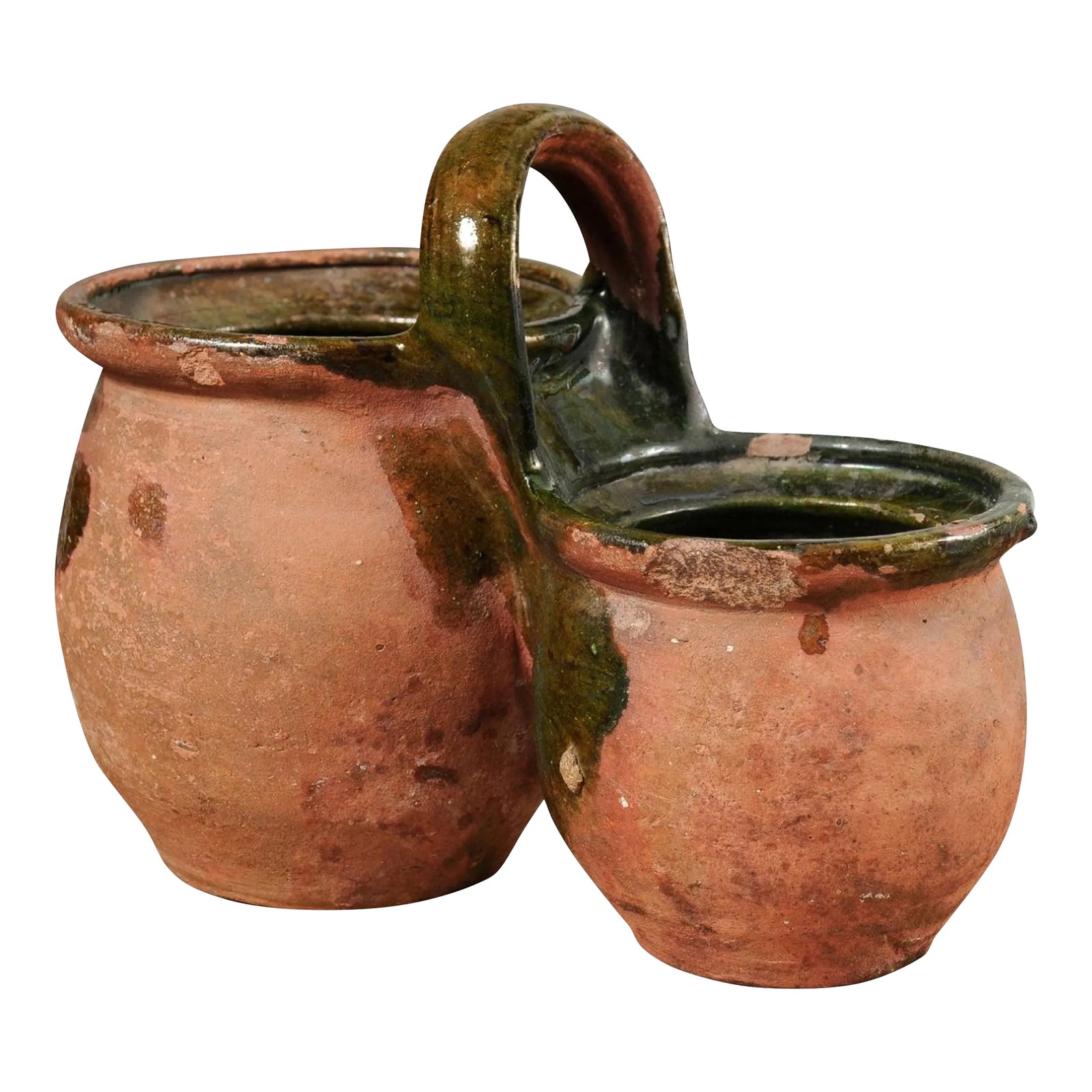 19th Century Green Glazed Shepherd's Lunch Holder Pottery with Bowls and Handle: A French pottery shepherd's lunch holder from the 19th century with green glaze, two bowls and large handle. This charming 19th-century French shepherd's lunch holder, known as a