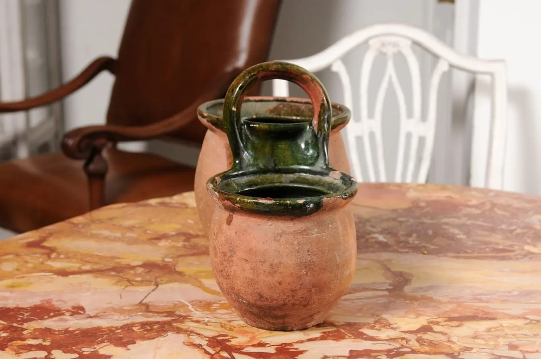 19th Century Green Glazed Shepherd's Lunch Holder Pottery with Bowls and Handle - 2