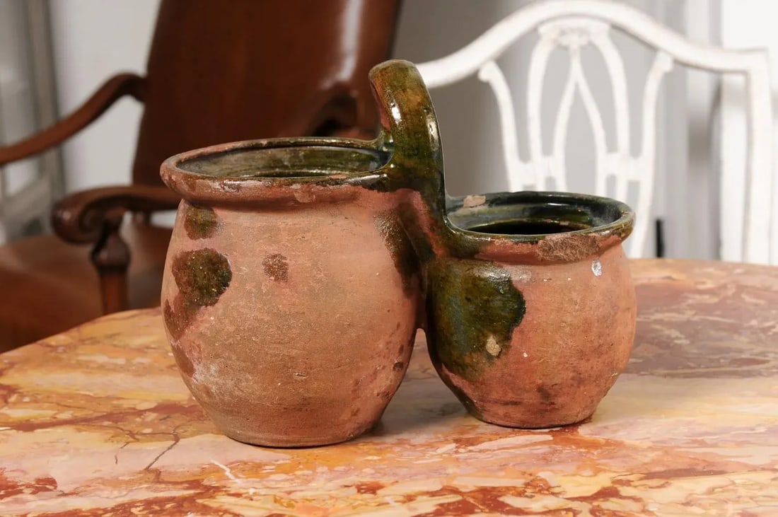 19th Century Green Glazed Shepherd's Lunch Holder Pottery with Bowls and Handle - 7