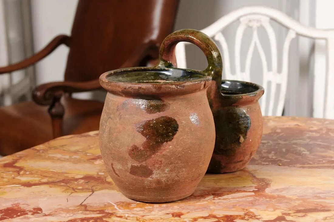 19th Century Green Glazed Shepherd's Lunch Holder Pottery with Bowls and Handle - 8