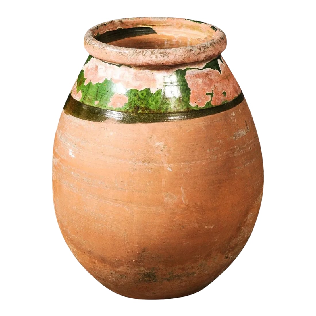 French Provincial Biot Jar with Green Glaze and Rustic Character, 20th Century: A French Provincial Biot jar from the 20th century with green glaze, generous lines and great weathered patina. Infuse your interior with the bucolic charm of the French PovenÃ§ale region