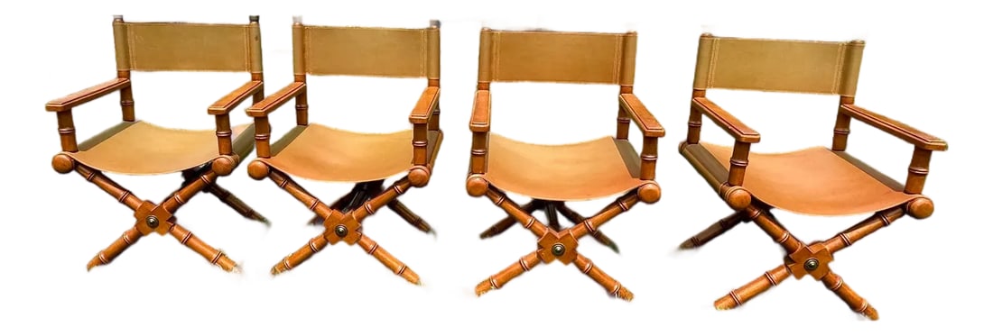Leather and Wood Mid Century Modern Director's Chairs -Set of 4: Super cool set of 4 supple light brown leather director's chairs with mahogany frames. The chairs are sold as a set, and also match a handsome expandable game table. Chairs 36" H x 22" D x 25" W Seat: