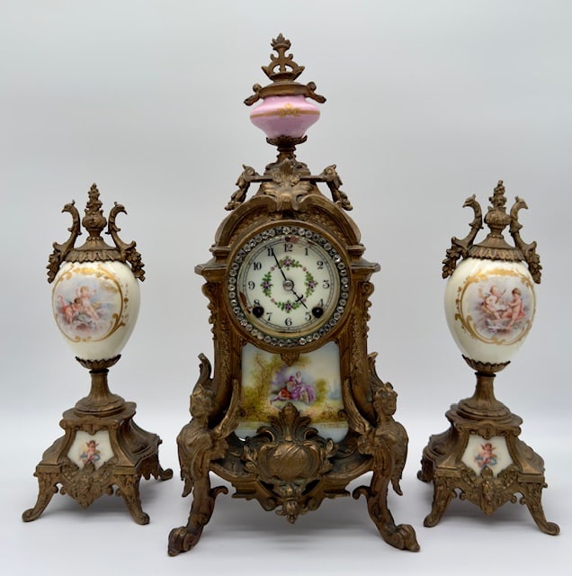 Antique New Haven Mantle Clock, French Porcelain Egg Urn Set - 10