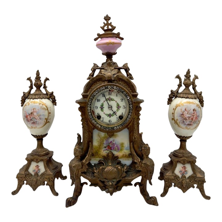 Antique New Haven Mantle Clock, French Porcelain Egg Urn Set (1 of 10)