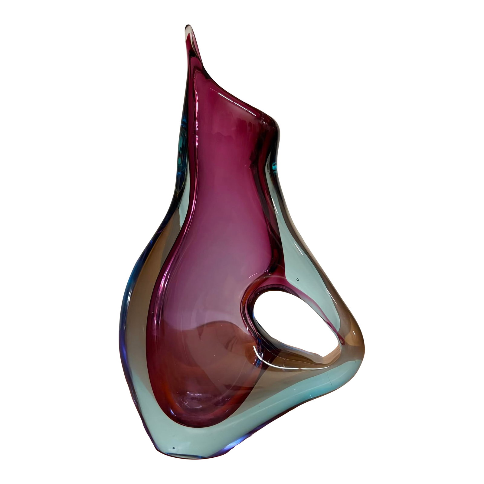 Sommerso Murano Art Glass Pitcher/Vase, Attributed to Flavio Poli - Pink & Blue: A sculptural Sommerso Murano art glass form with an elegant, flame-like silhouette and dramatic teardrop opening. The vivid amethyst pink or purple interior is encased in a cool, light aqua blue