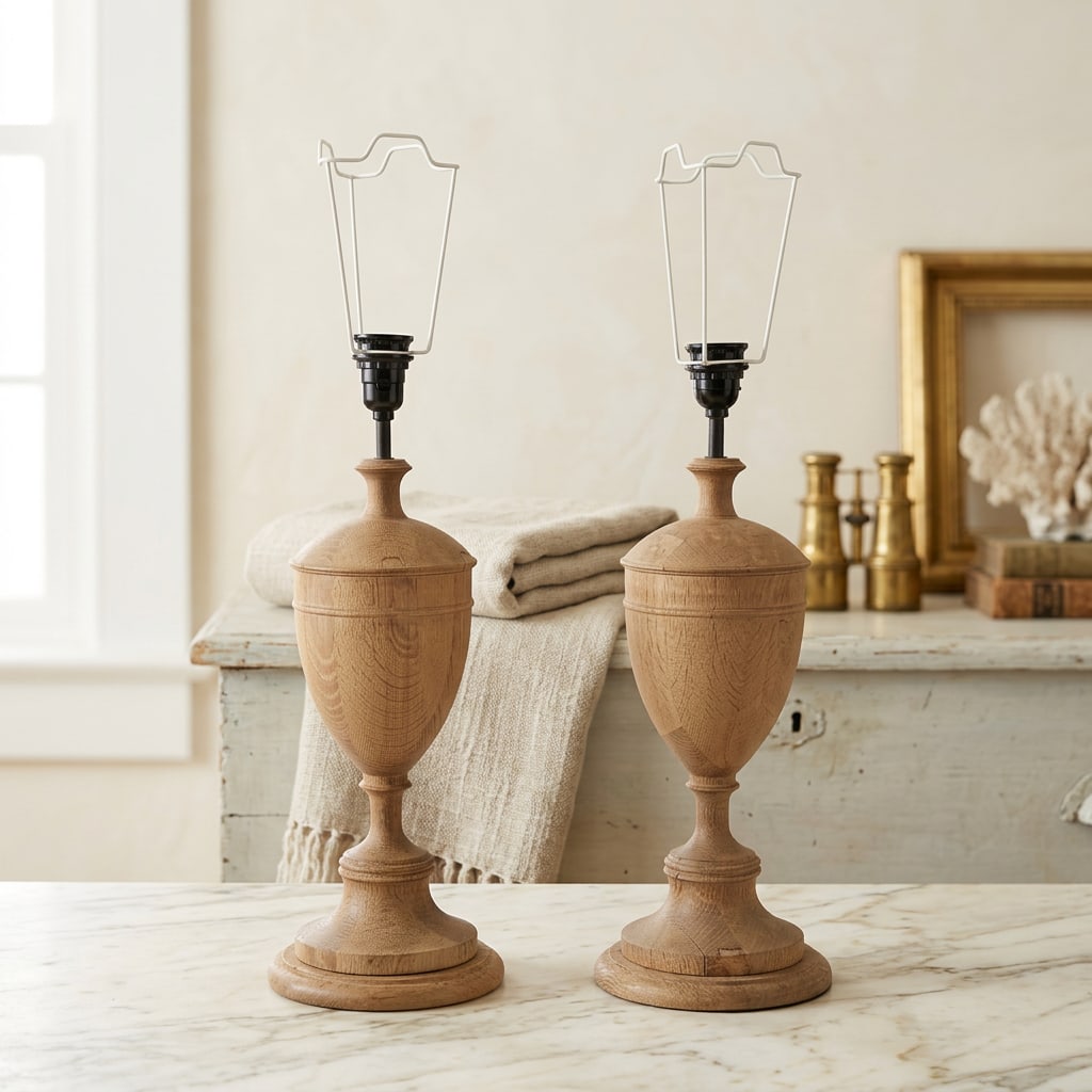 Vintage Natural Wood Urn Table Lamps, Turned Solid Oak / Ash Style - a Pair - 18