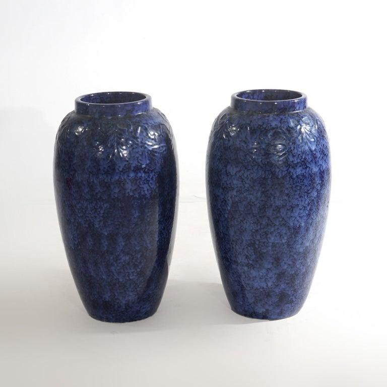 Pair Antique Roseville Art Pottery Floral Embossed Vases With Mottled Blue Glaze - 2