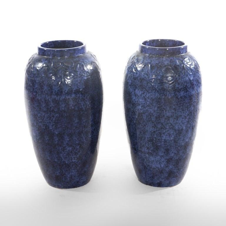 Pair Antique Roseville Art Pottery Floral Embossed Vases With Mottled Blue Glaze - 3