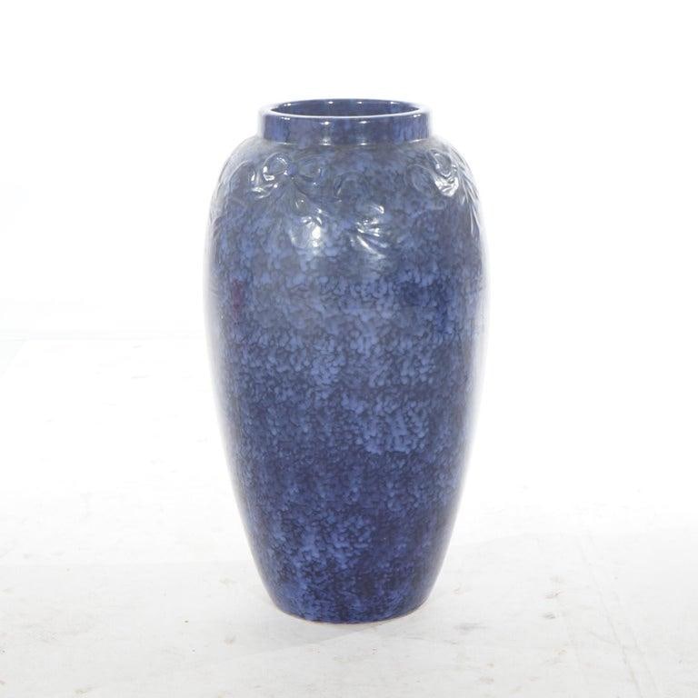 Pair Antique Roseville Art Pottery Floral Embossed Vases With Mottled Blue Glaze - 6