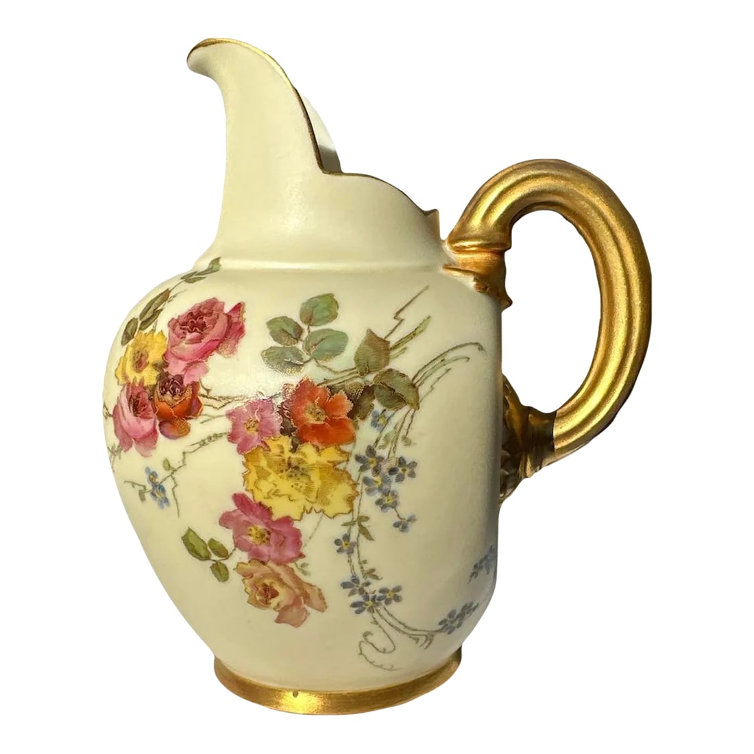 Royal Worchester 1895 Bone China Pitcher Jug Gilt Handle: You are viewing an exceptionally fine bone china 1895 Royal Worcester Pitcher referred to as a jug. H: 5.5" x 4.5" wide Impressive hand painted summer florals of pinks, yellow, orange. Gorgeous tiny b