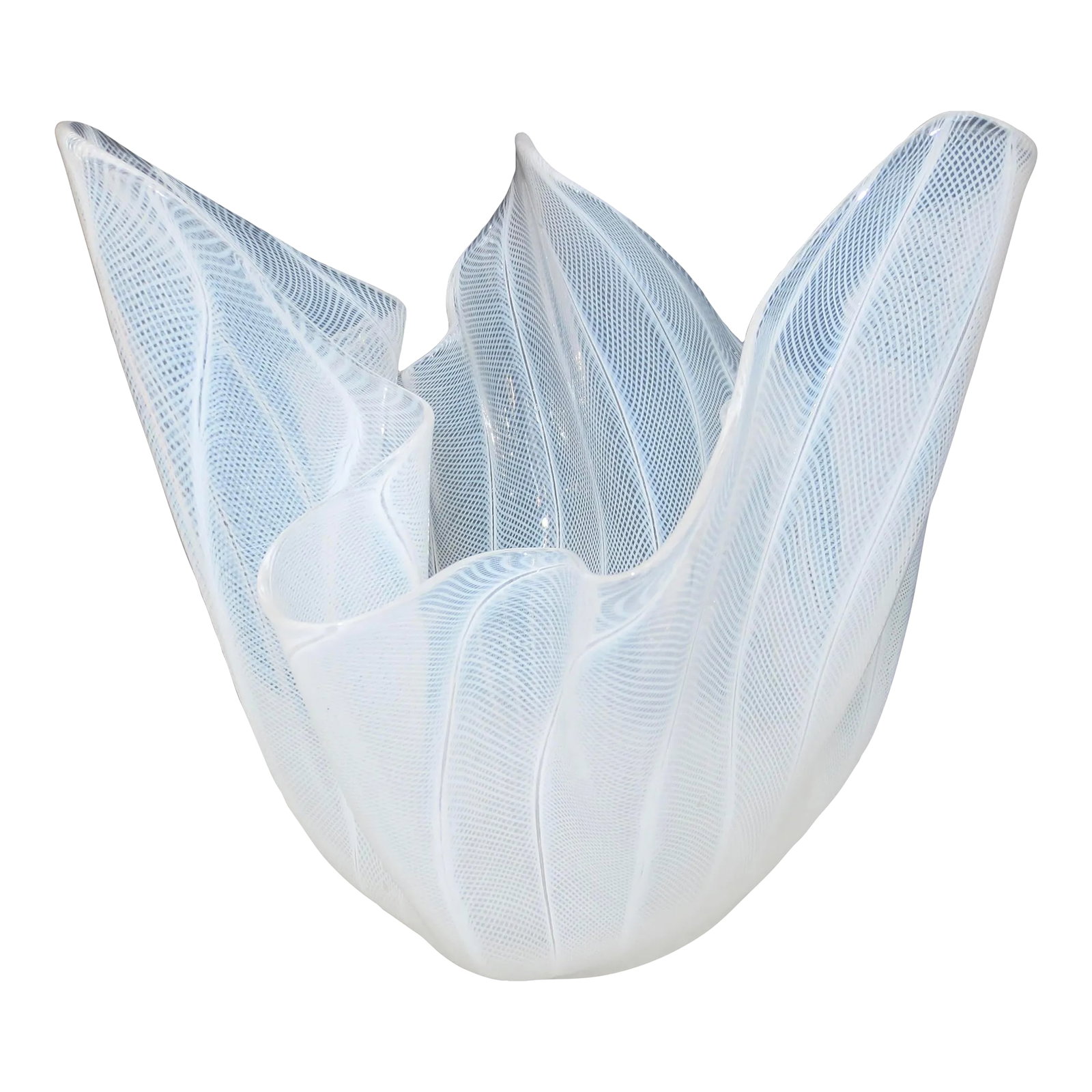Venini Murano Glass Filagree Handkerchief Circa 1950s: Glass handkerchief Vase, freeform filagree flaming art glass in a natural organic fluid motion. White to opaline with spiraling white threads of glass moving out and upward from the originating point