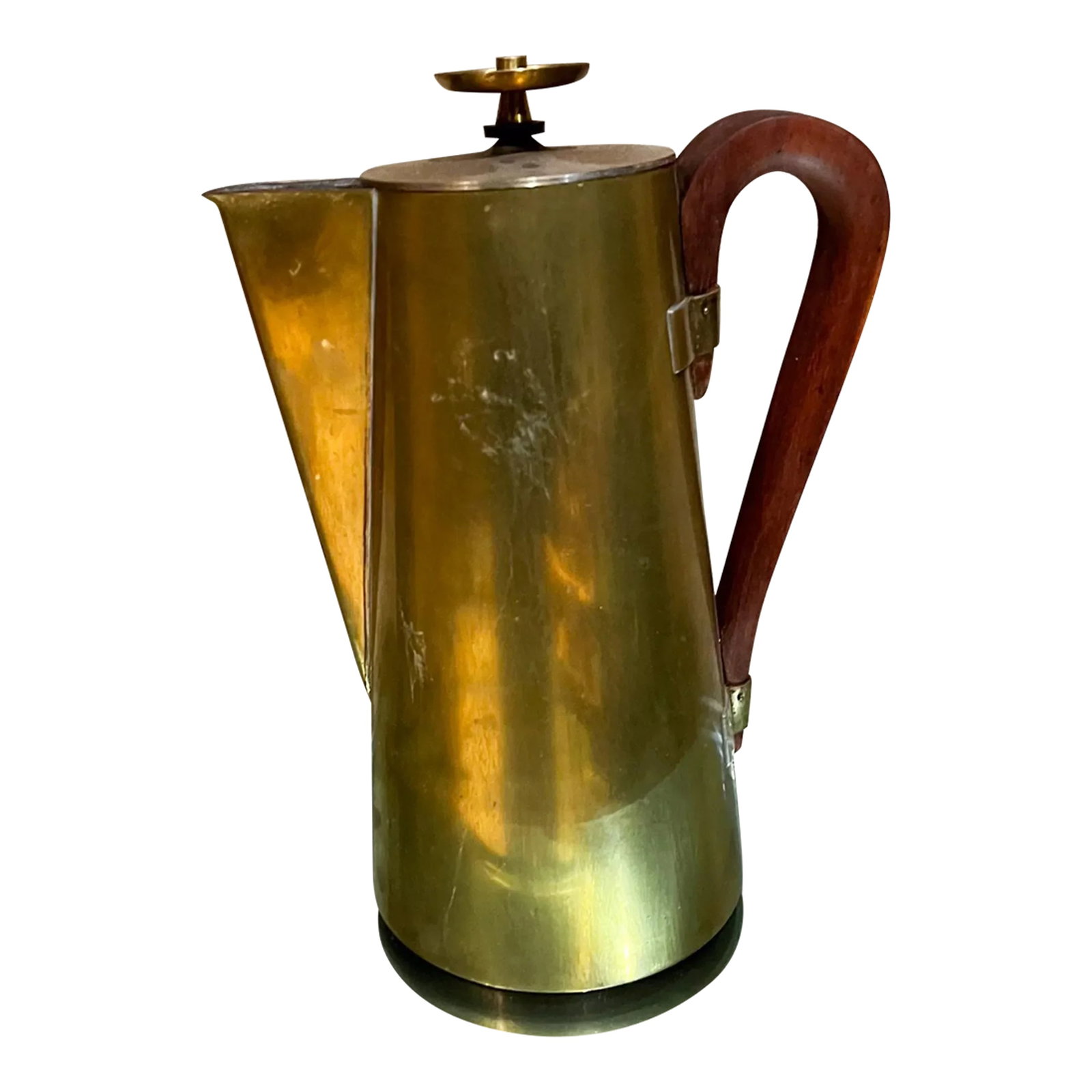 1960s Tommi Parzinger Brass and Walnut Coffee Pot Dorlyn Silversmiths: AMBIANIC presents By Designer Tommi Parzinger Modern Brass Coffee Tea Service Pot with silverplate. Sculptural Walnut Wood handle. Stamped Dorlyn Silversmiths. 12 tall x 8.5 d x 5.5 diameter Unrestore