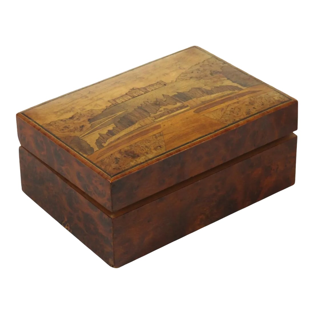 Antique Italian Grand Tour Souvenir Box with Burl Wood Inlay, Sorrento Italy: Souvenir Box Sorrento Italy Burl Wood Inlay Hand Crafted Italian Grand Tour Antique Condition: Alterations: Original Condition Unaltered Imperfections: Some Imperfections Condition Notes: Antique, nor