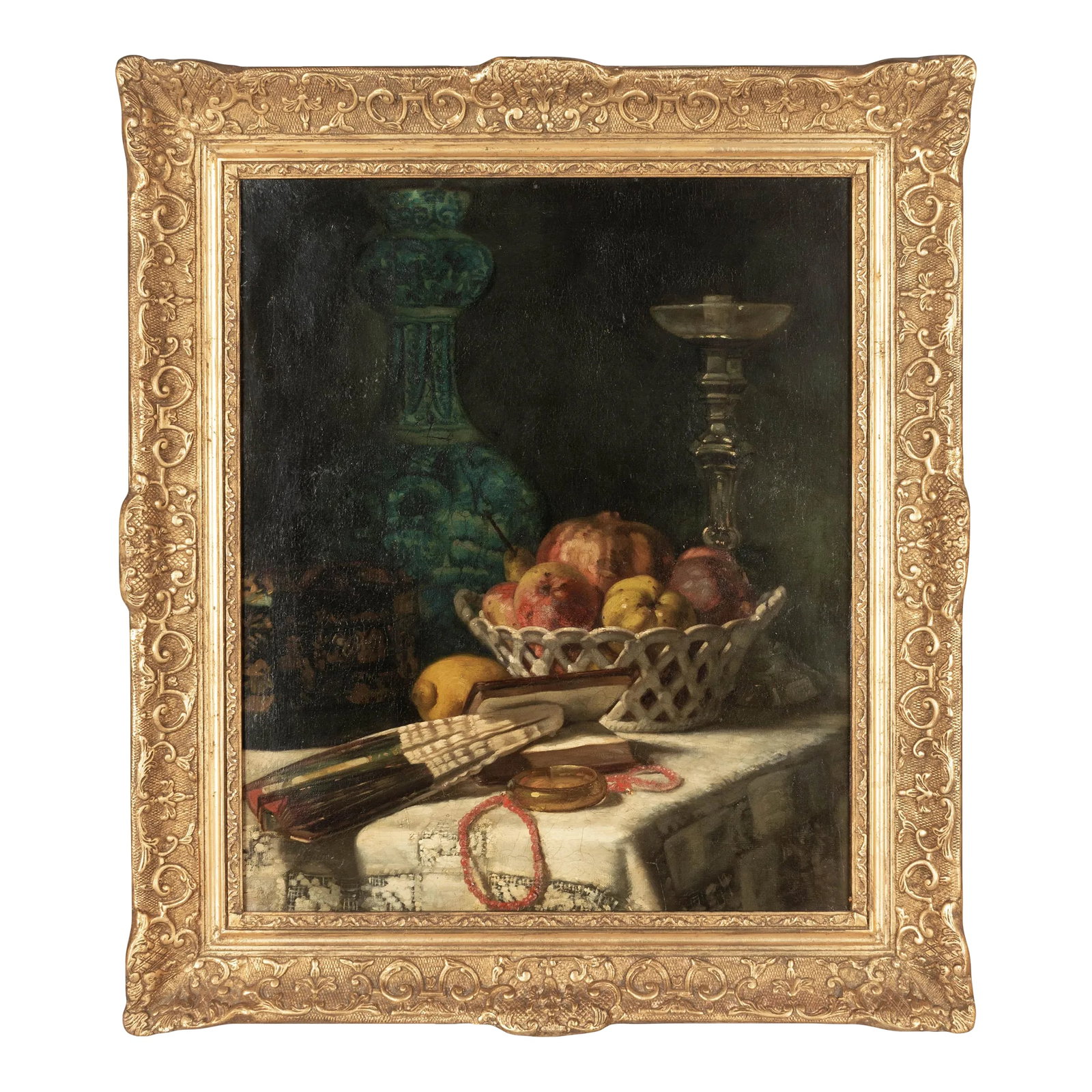 19th Century French School Still Life Painting: A late 19th Century French School still life in the style of Fantin-Latour. A well-executed Impressionist style oil on canvas depicting detailed objects of an opulent household: a ceramic basket