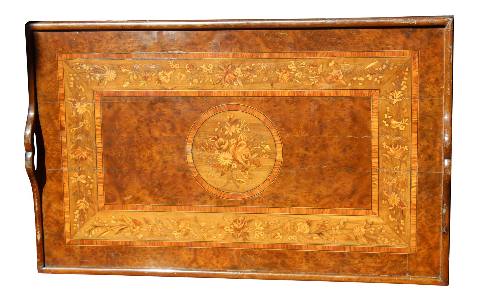 19th Century English Inlayed Marquetry Butler Tray: 19th century Inlayed Marquetry English Butler Tray. Mounted on a stand for coffee table. This piece came from the Mrs. Lalita Ogden Armour estate. "She would give a party for any excuse she could