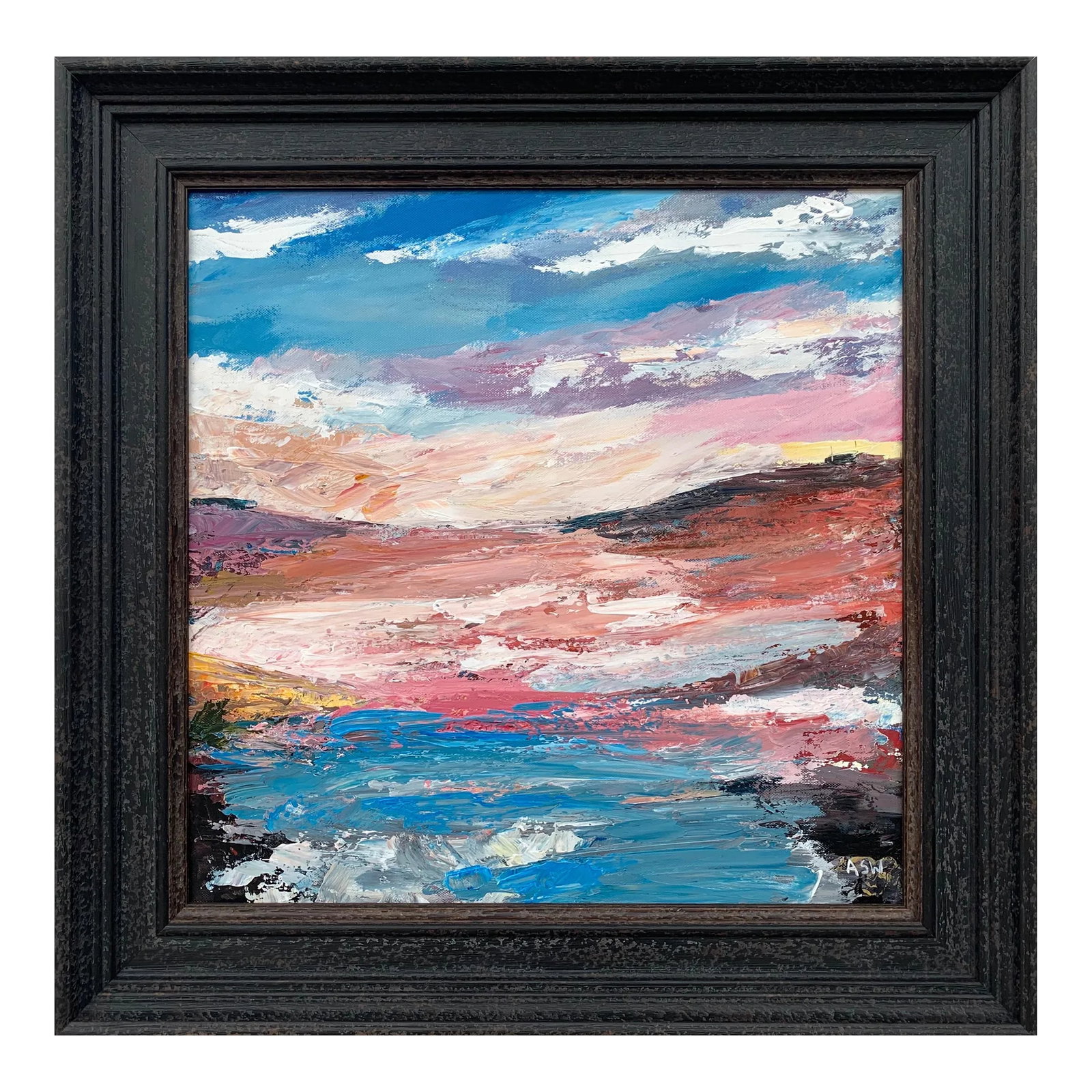 Pink & Blue Expressive Abstract Lake Seascape - Unique Original Art by Contemporary British Artist,: Pink & Blue Expressive Abstract Lake Seascape by Contemporary British Artist Angela Wakefield Art measures 20 x 20 inches Frame measures 26 x 26 inches Angela Wakefield has twice been on the front cov