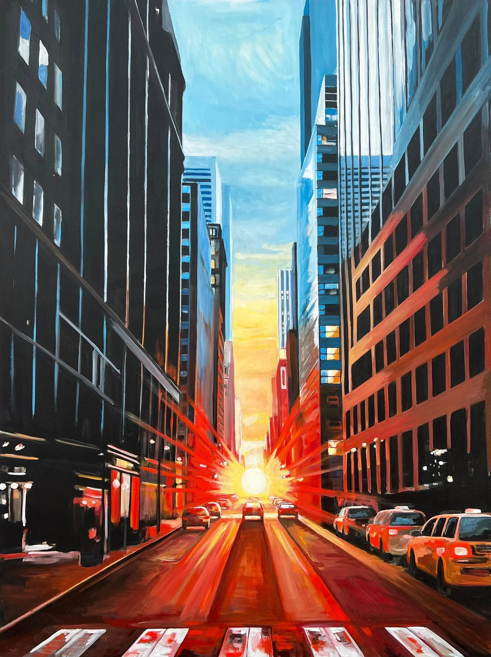Manhattan Henge New York City Dramatic Sunset - Unique Original Cityscape Art by British Contemporar: Manhattan Henge New York City Dramatic Sunset by British Urban Landscape Artist, Angela Wakefield. Painted using strong blue, red and yellow primary colours, this striking original forms part of her