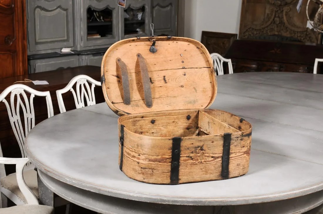 Swedish 1790s Rustic Oval Top Wooden Box with Iron Accents and Distressed Patina - 10