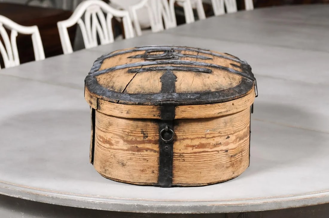 Swedish 1790s Rustic Oval Top Wooden Box with Iron Accents and Distressed Patina - 12