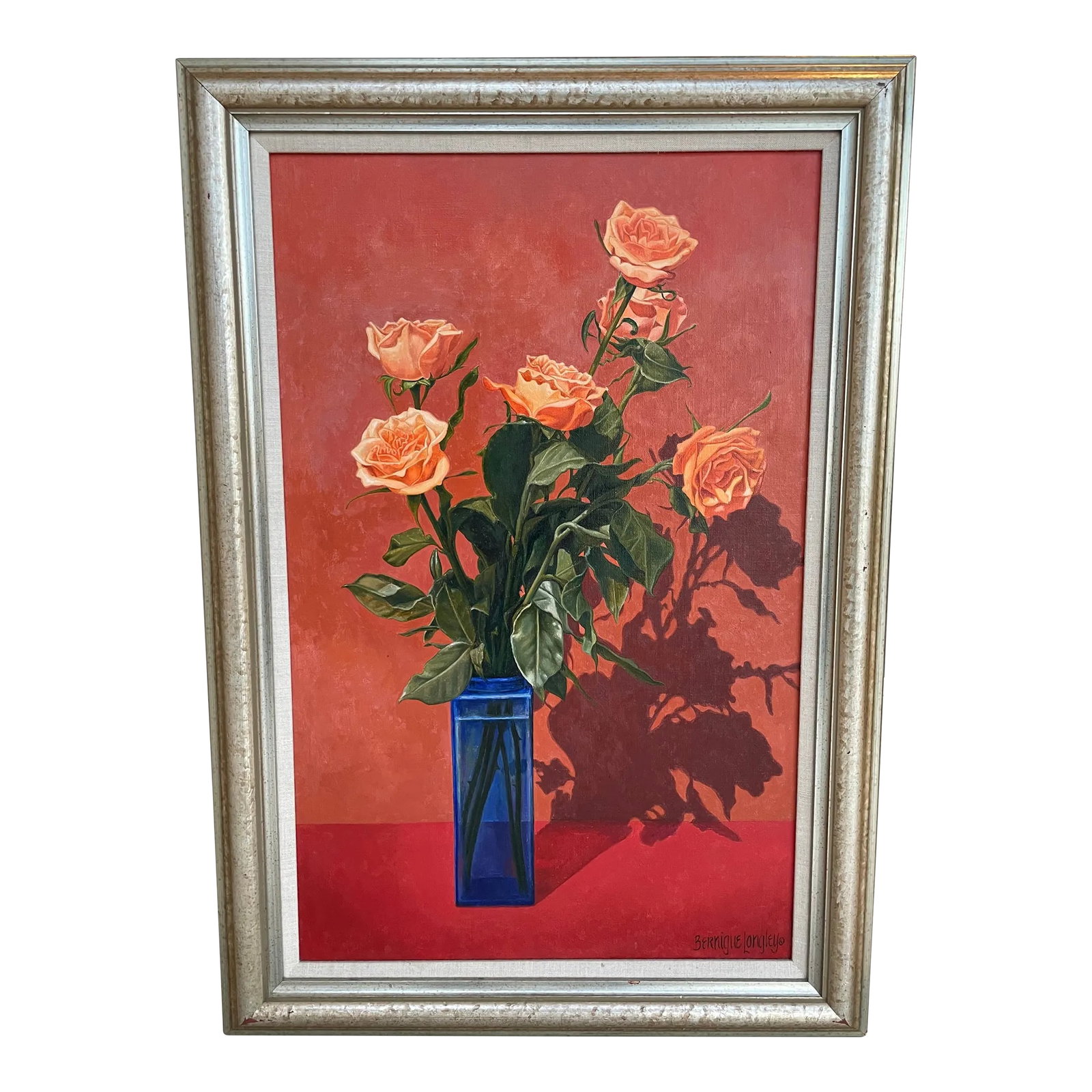 Roses in Cobalt Vase by Bernique Longley: Bernique Mae Wilderson Longley (1923–1999) was born in Moline, Illinois, to Ellie James and Effie (Coens) Wilderson but grew up in Chicago. Longley attended the Art Institute of Chicago on