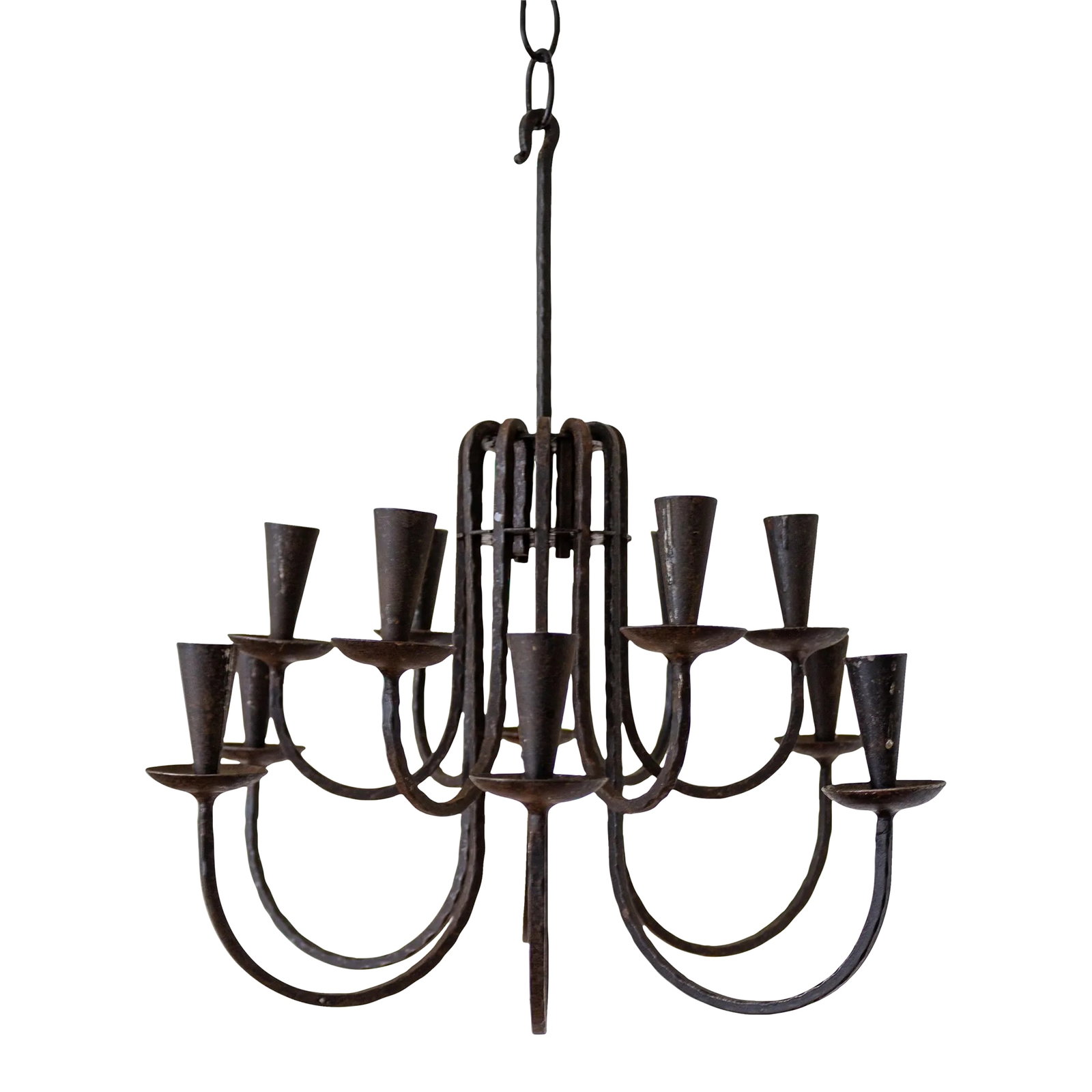 Scandinavian Brutalist Blackened Iron Hanging Candelabra | Made in Sweden: Vintage Scandinavian brutalist candle chandelier features twelve removable arms at two staggered heights made of hammered, blackened iron. Each arm of the hanging candelabra is removable and anchors