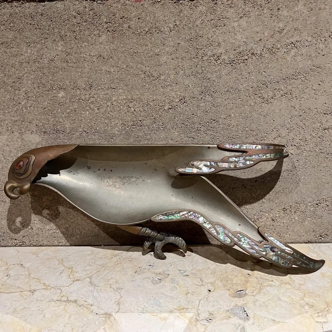 1970s Handwrought Parrot Dish Metal Stone Style Los Castillo Mexico - 12