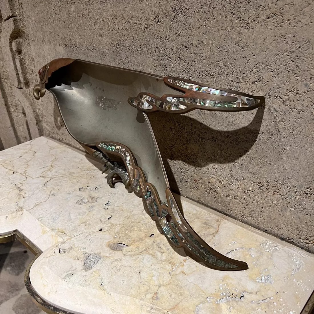 1970s Handwrought Parrot Dish Metal Stone Style Los Castillo Mexico - 2