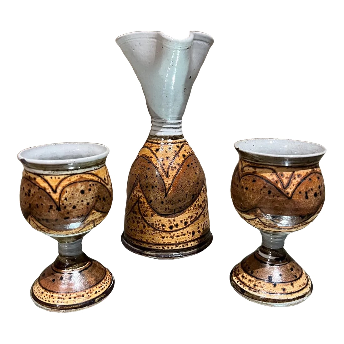 Modern Studio Art Pottery Wine Carafe Set 2 Goblets: AMBIANIC presents Studio Art Pottery Set Wine Carafe and Goblets Stoneware Pitcher Carafe 9.5 h x 4.38 diameter Two drinking cups 5.5 x 3.18 diameter Pitcher has a signature, unable to read. Preowned 