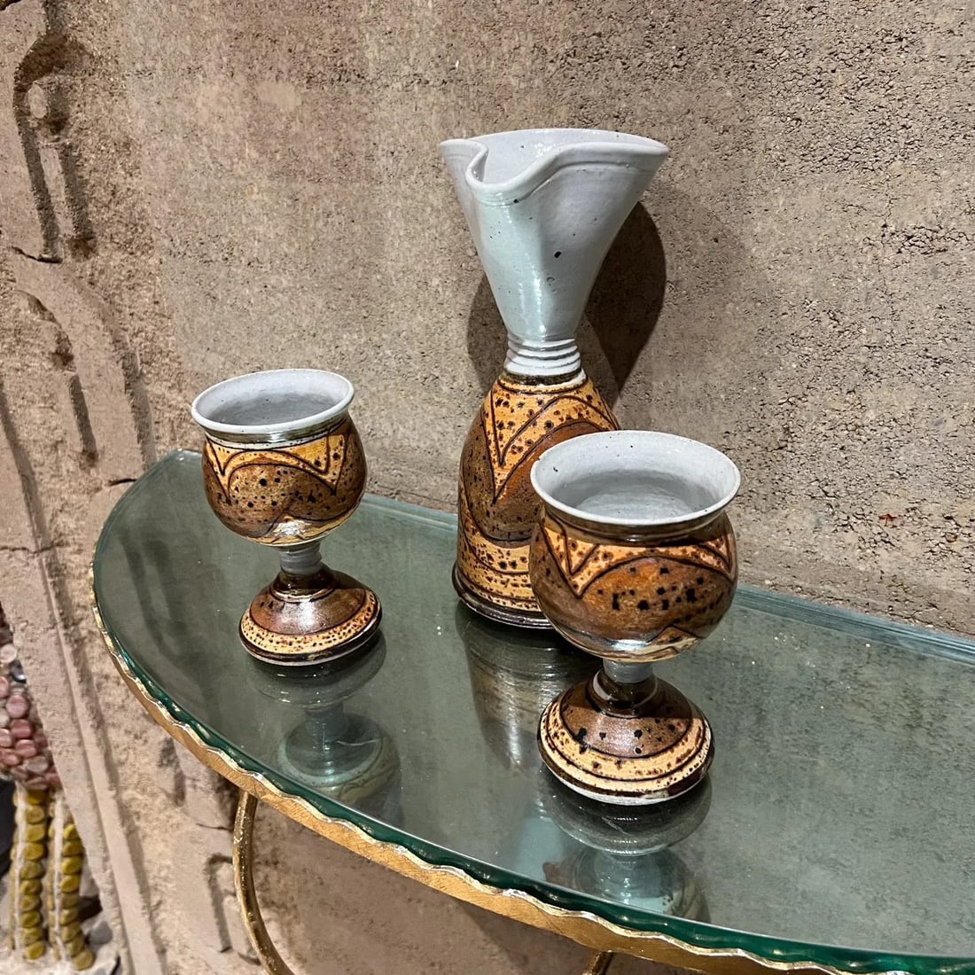 Modern Studio Art Pottery Wine Carafe Set 2 Goblets - 3