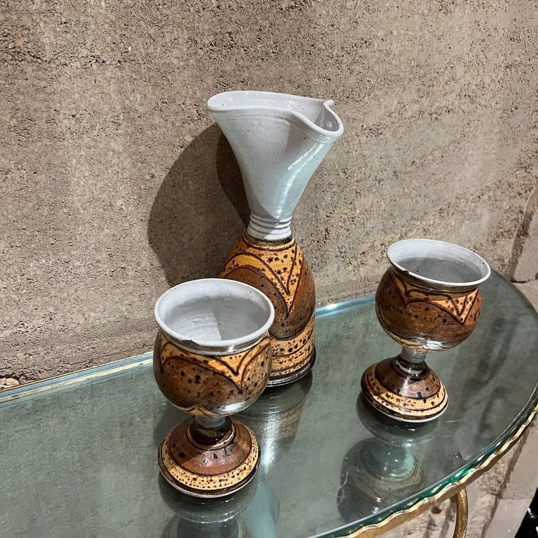 Modern Studio Art Pottery Wine Carafe Set 2 Goblets - 5