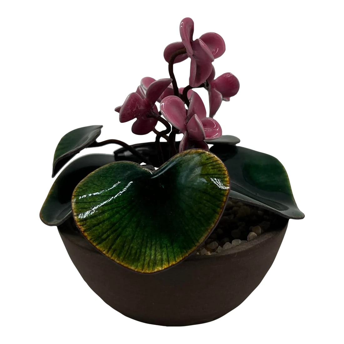 Petite Bovano of Cheshire Enamel Floral Decorative Planter Cyclamen Persicum: Bovano of Cheshire, circa 1960. A fine quality polychrome enamel decorated floral sculpture depicting Cyclamen Persicum. Condition: Alterations: Original Condition Unaltered Imperfections: Some