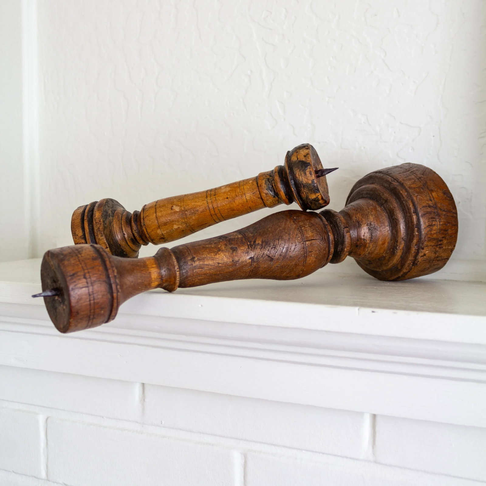 Antique Rustic Wooden Candle Pricks Candlesticks | Pair of Two - 10