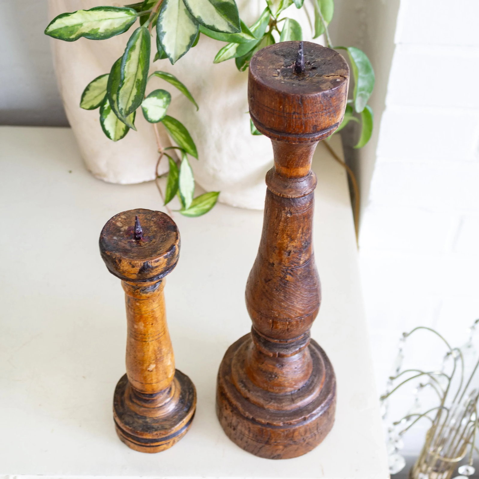 Antique Rustic Wooden Candle Pricks Candlesticks | Pair of Two - 11
